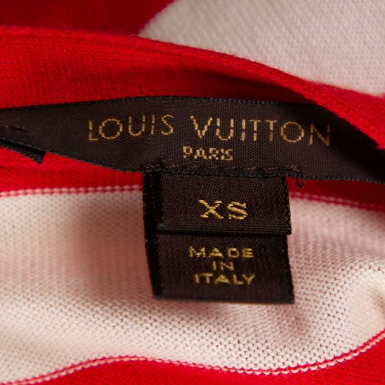 Pre Owned Louis Vuitton Red & Cream Striped Cotton Knit Pearl Button Front Cardigan XS