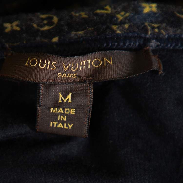 Pre Owned Louis Vuitton Black & Blue Logo Printed Wool Ruched Tunic M