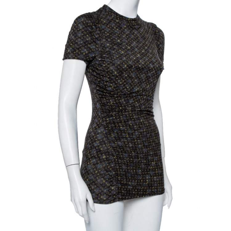 Pre Owned Louis Vuitton Black & Blue Logo Printed Wool Ruched Tunic M