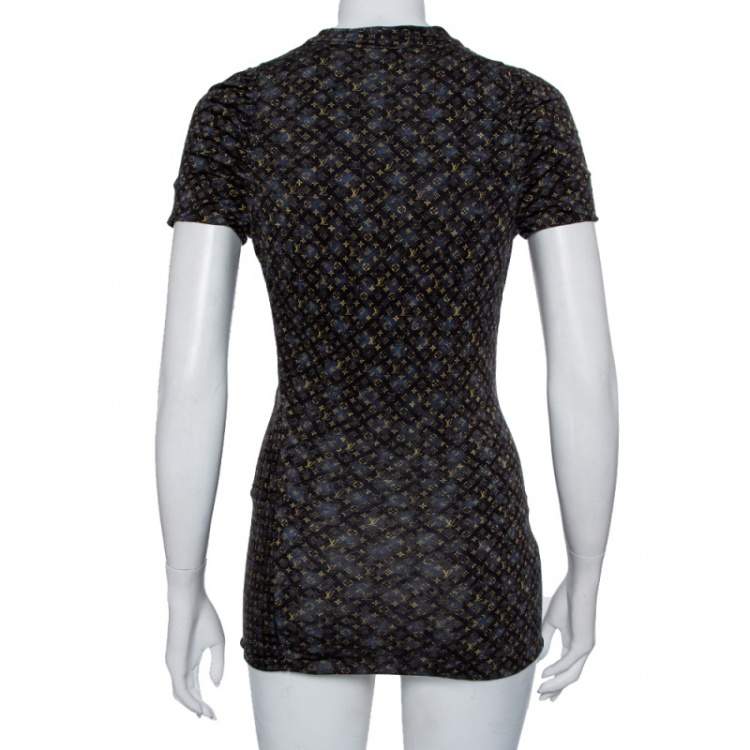 Pre Owned Louis Vuitton Black & Blue Logo Printed Wool Ruched Tunic M