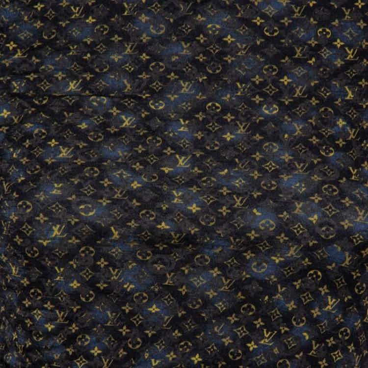Pre Owned Louis Vuitton Black & Blue Logo Printed Wool Ruched Tunic M