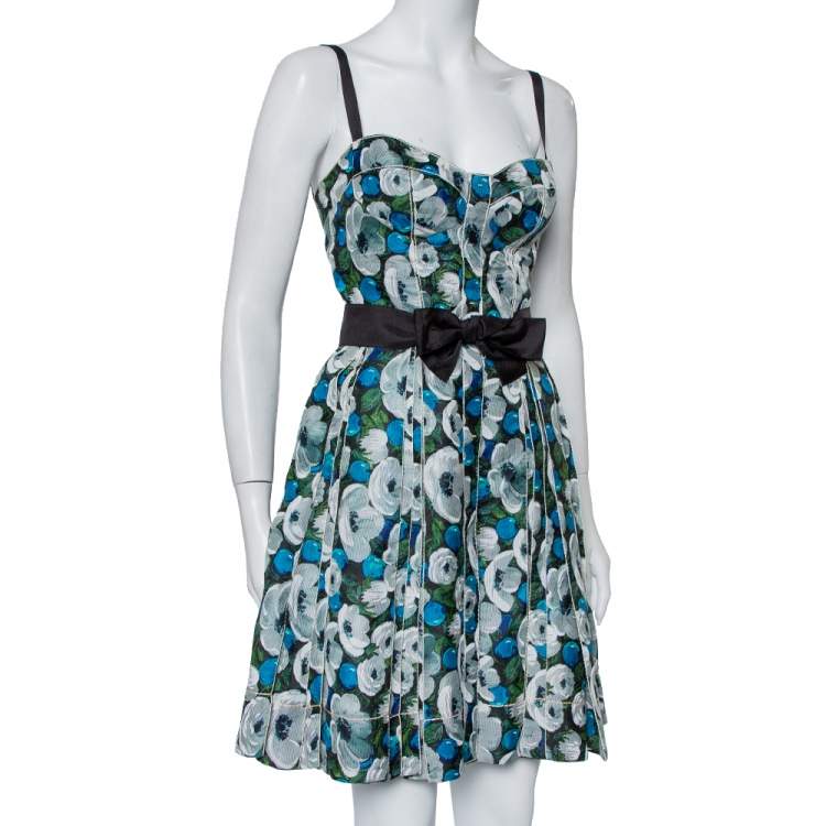 LOUIS VUITTON pleated dress in white and blue printed silk size 38