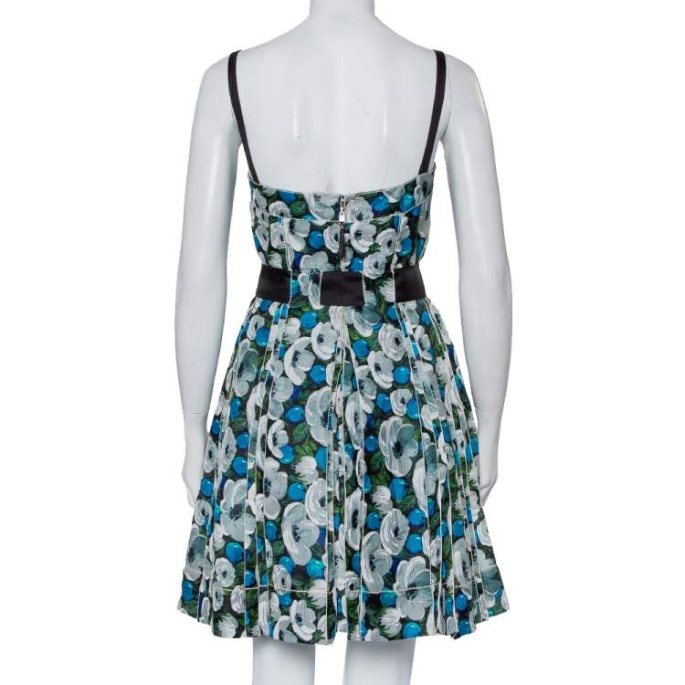 مملوكة مسبقًا Louis Vuitton Blue Floral Printed Silk Belted Bustier Mini Dress M