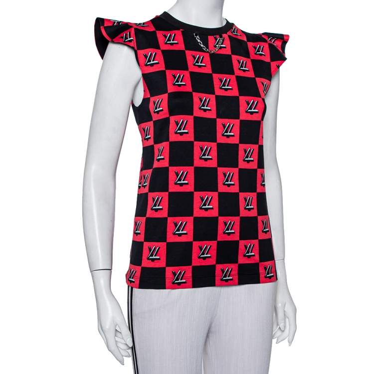 Pre Owned Louis Vuitton Black & Pink Logo Checkered Knit T-Shirt XS