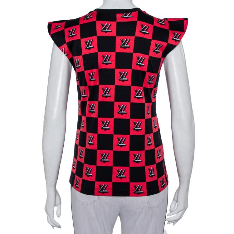 Pre Owned Louis Vuitton Black & Pink Logo Checkered Knit T-Shirt XS