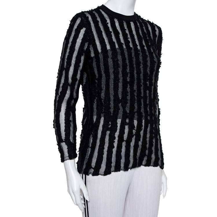 Pre Owned Louis Vuitton Black Wool & Mesh Striped Crewneck Sweater M