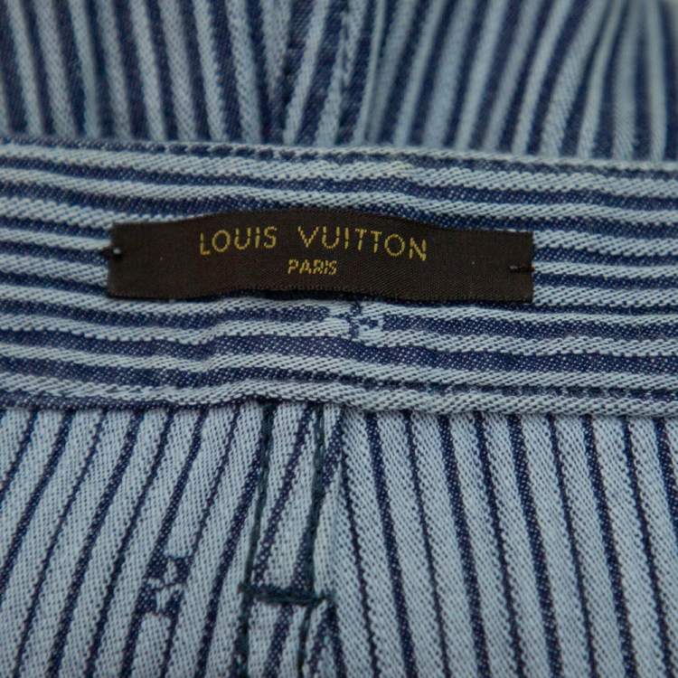 Pre Owned Louis Vuitton Navy Blue Striped Logo Jacquard Zipper Detail Skinny Trousers M