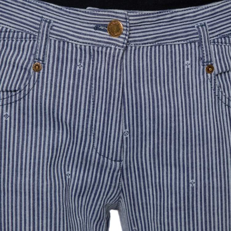 Pre Owned Louis Vuitton Navy Blue Striped Logo Jacquard Zipper Detail Skinny Trousers M
