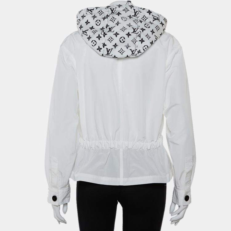 Pre Owned Louis Vuitton White Synthetic Logo Printed Hood Detail Belted Parka Jacket M