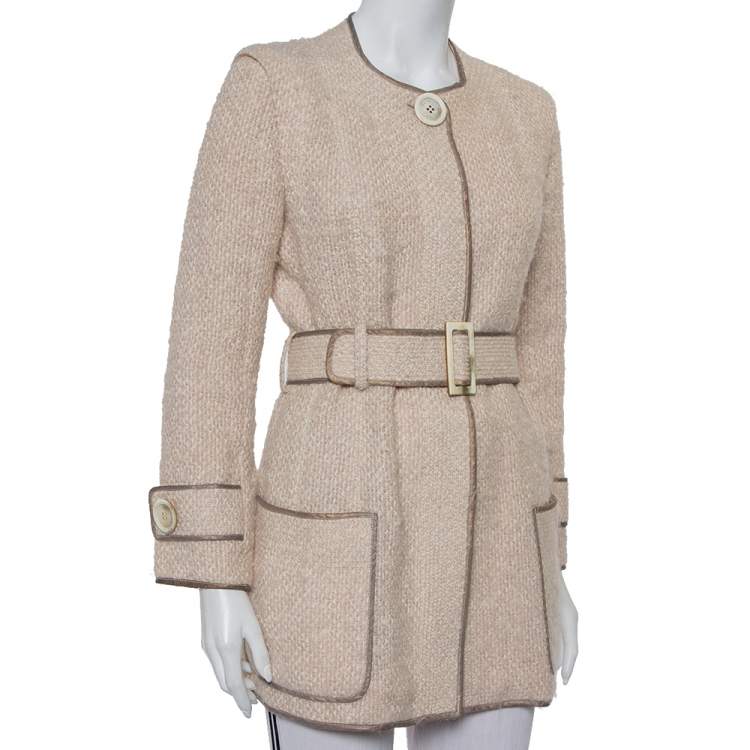 Pre Owned Louis Vuitton Cream Wool & Mohair Button Front Belted Jacket M