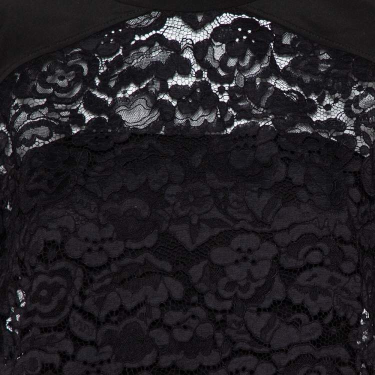 Pre Owned Louis Vuitton Black Lace & Silk Paneled Neck Tie Detail Top M