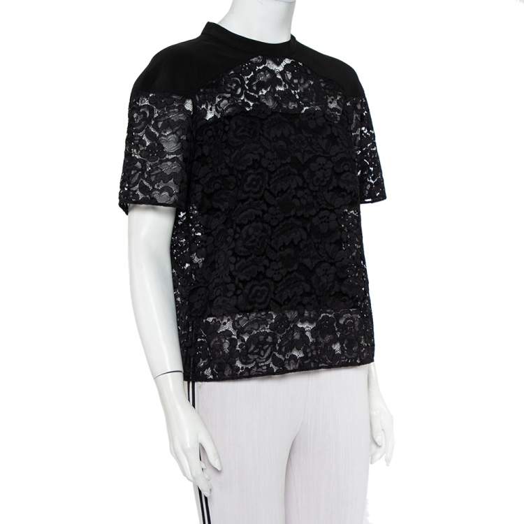 Pre Owned Louis Vuitton Black Lace & Silk Paneled Neck Tie Detail Top M