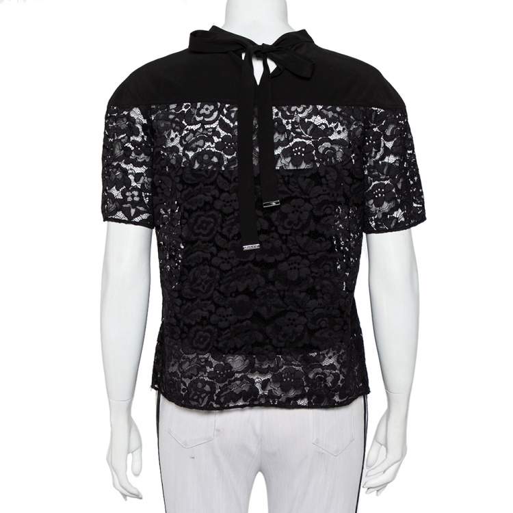 Pre Owned Louis Vuitton Black Lace & Silk Paneled Neck Tie Detail Top M