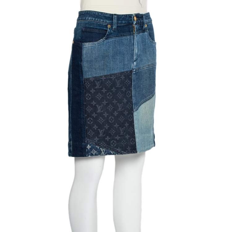 Pre Owned Louis Vuitton Indigo Colorblock Denim Monogrammed Patchwork Skirt M