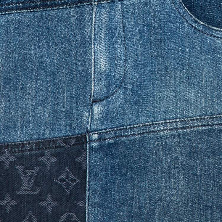 Pre Owned Louis Vuitton Indigo Colorblock Denim Monogrammed Patchwork Skirt M