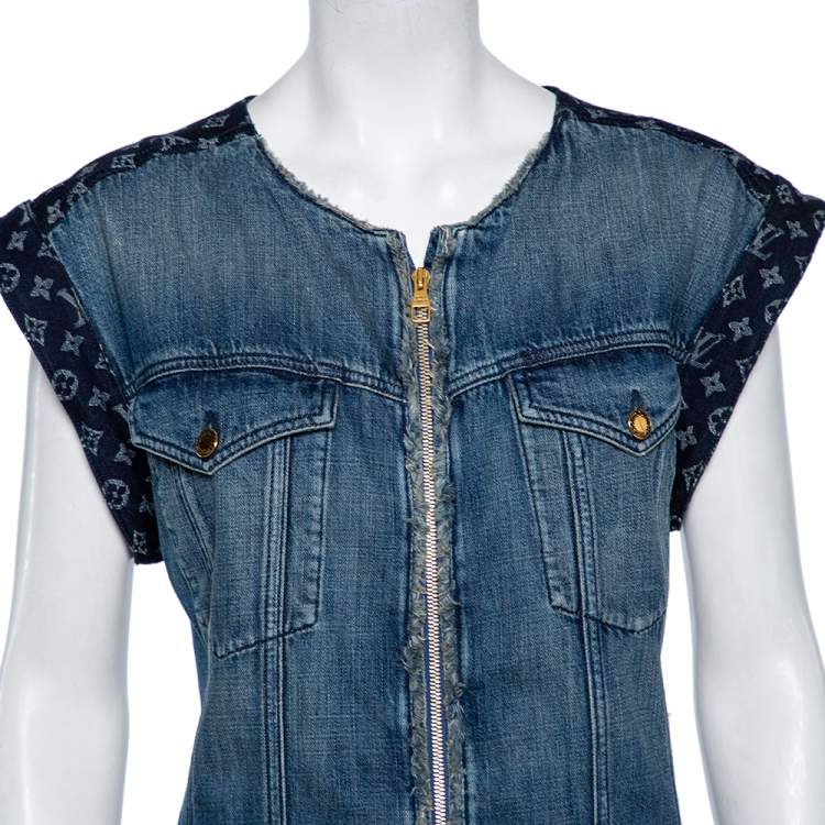 Pre Owned Louis Vuitton Two Tone Denim Logo Monogram Paneled Shift Dress L