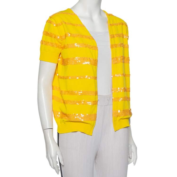 Pre Owned Louis Vuitton Yellow Sequin Embellished Knit Open Front Shrug M  