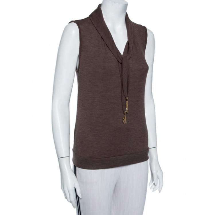 Pre Owned Louis Vuitton Brown Wool Neck Tie Detail Sleeveless Top L