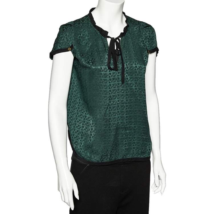 Louis Vuitton Green Logo Print Silk Tie Neck Blouse M Louis