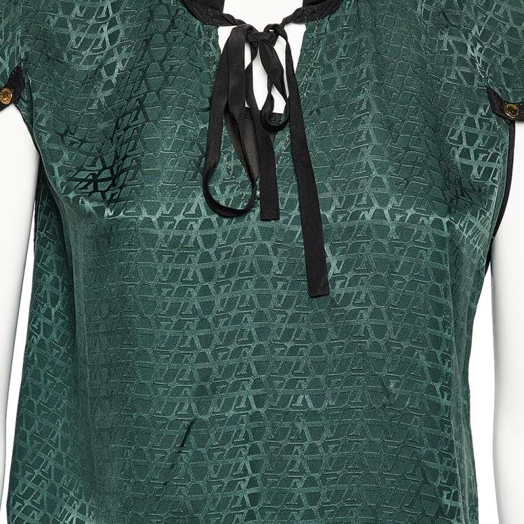 Pre Owned Louis Vuitton Green Logo Print Silk Tie Neck Blouse M
