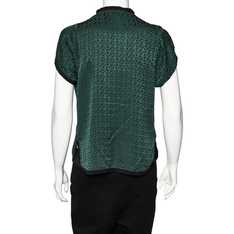 Pre Owned Louis Vuitton Green Logo Print Silk Tie Neck Blouse M