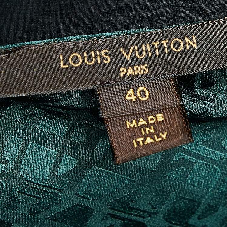 Pre Owned Louis Vuitton Green Logo Print Silk Tie Neck Blouse M