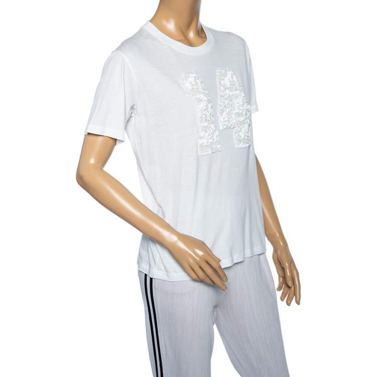 Pre Owned Louis Vuitton White Embellished Cotton Short Sleeve T-Shirt S
