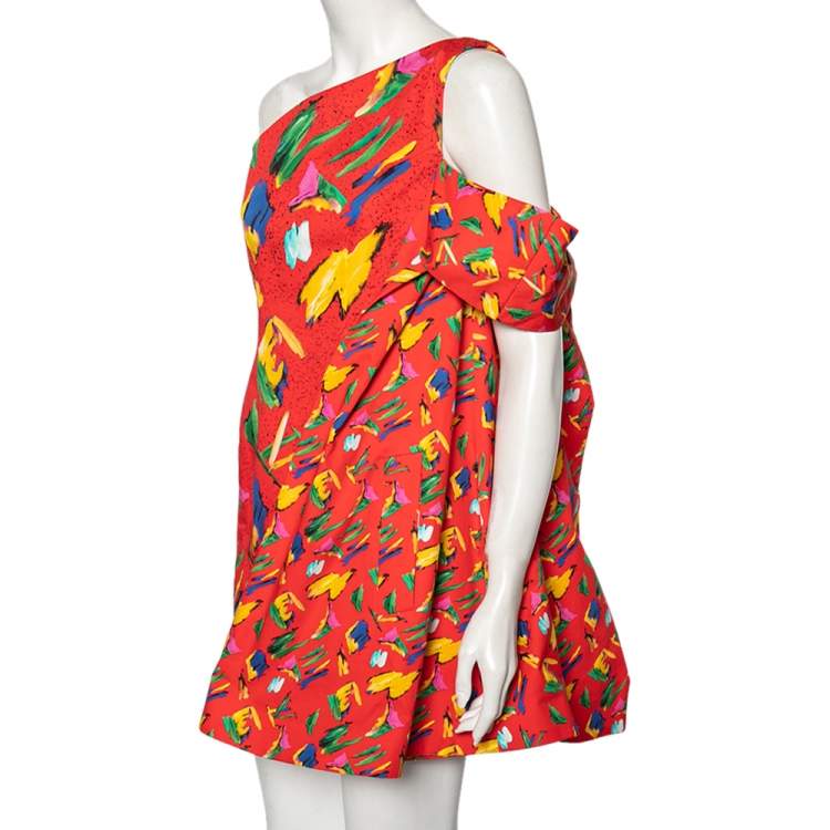 Pre Owned Louis Vuitton Red Printed One-Shoulder Billowed Sleeve Detailed Mini Dress S