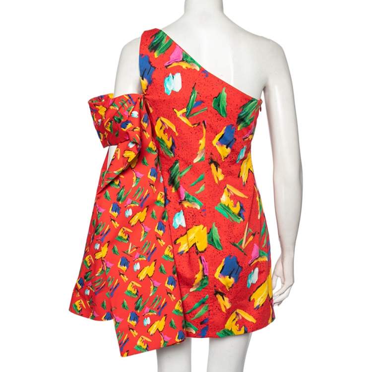Pre Owned Louis Vuitton Red Printed One-Shoulder Billowed Sleeve Detailed Mini Dress S