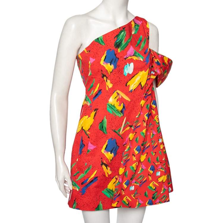 Pre Owned Louis Vuitton Red Printed One-Shoulder Billowed Sleeve Detailed Mini Dress S