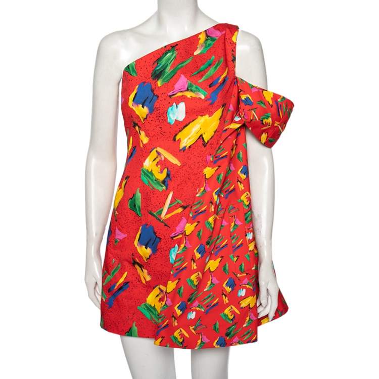 Pre Owned Louis Vuitton Red Printed One-Shoulder Billowed Sleeve Detailed Mini Dress S