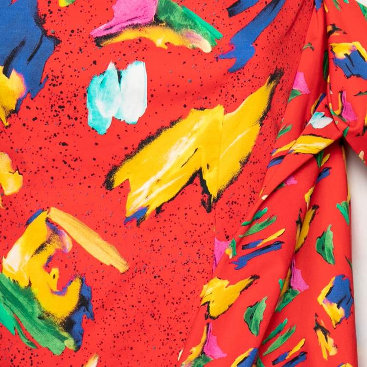 Pre Owned Louis Vuitton Red Printed One-Shoulder Billowed Sleeve Detailed Mini Dress S