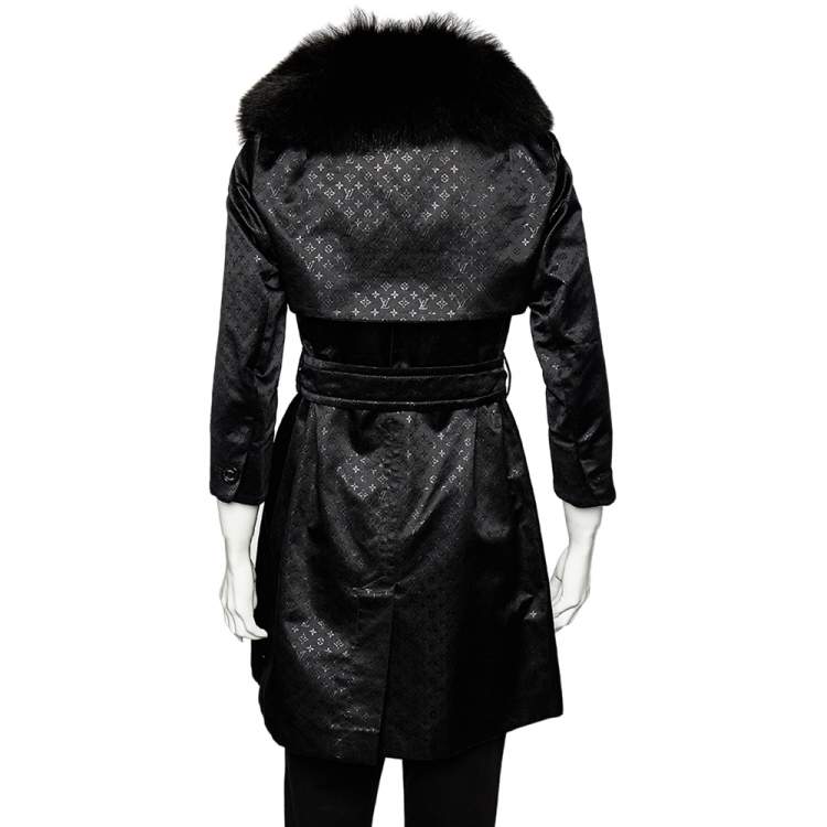 Pre Owned Louis Vuitton Black Logo Monogram Lurex Silk Fur Collar Belted Trench Coat S