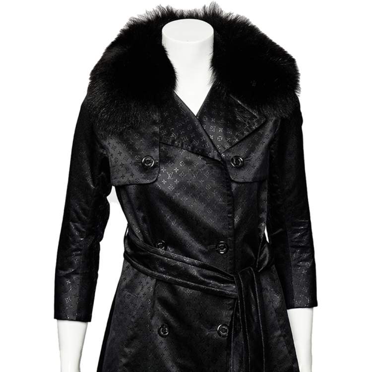 Pre Owned Louis Vuitton Black Logo Monogram Lurex Silk Fur Collar Belted Trench Coat S