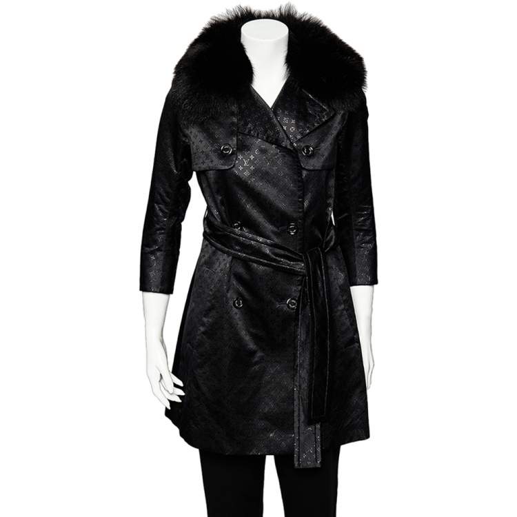Pre Owned Louis Vuitton Black Logo Monogram Lurex Silk Fur Collar Belted Trench Coat S