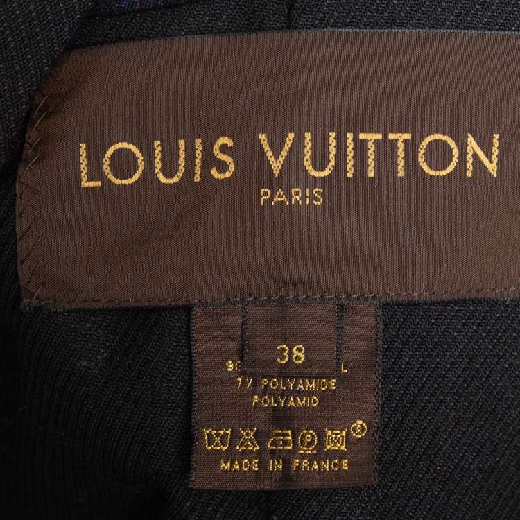 Pre Owned Louis Vuitton Navy Blue Checkered Wool Contrast Trim Zip Front Collarless Jacket M