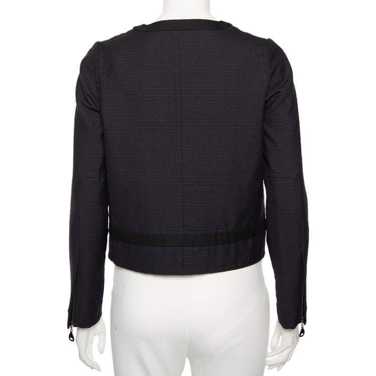 Pre Owned Louis Vuitton Navy Blue Checkered Wool Contrast Trim Zip Front Collarless Jacket M