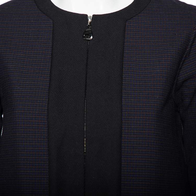 Pre Owned Louis Vuitton Navy Blue Checkered Wool Contrast Trim Zip Front Collarless Jacket M
