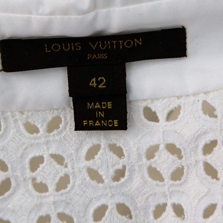 Pre Owned Louis Vuitton White Cotton & Eyelet Embroidered Yolk Detailed Button Front Shirt L
