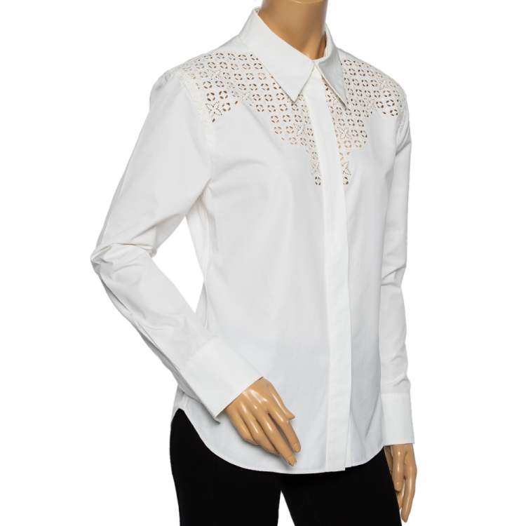 Pre Owned Louis Vuitton White Cotton & Eyelet Embroidered Yolk Detailed Button Front Shirt L