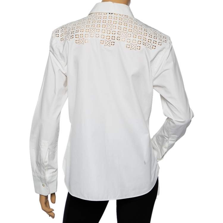 Pre Owned Louis Vuitton White Cotton & Eyelet Embroidered Yolk Detailed Button Front Shirt L