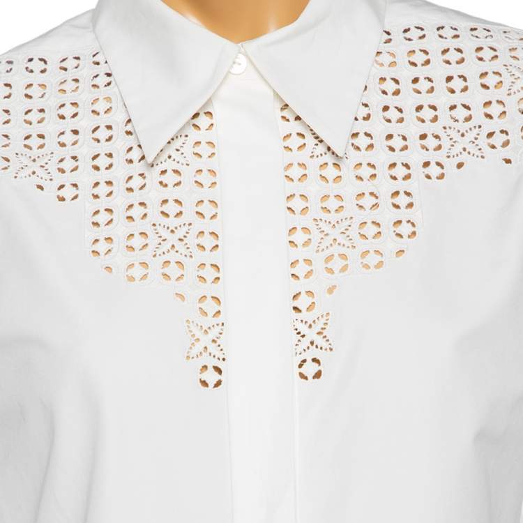 Pre Owned Louis Vuitton White Cotton & Eyelet Embroidered Yolk Detailed Button Front Shirt L