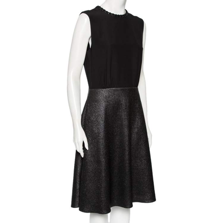 Pre Owned Louis Vuitton Black Metallic Coated Knit & Leather Trimmed Sleeveless Dress L