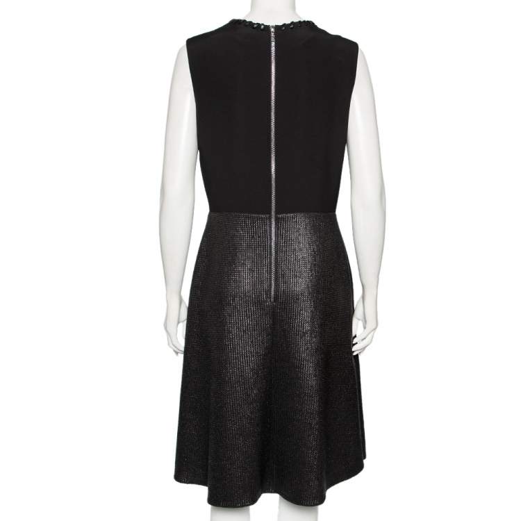 Pre Owned Louis Vuitton Black Metallic Coated Knit & Leather Trimmed Sleeveless Dress L