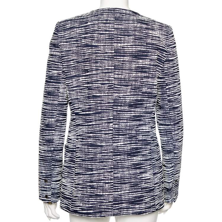 Pre Owned Louis Vuitton Navy Blue-White Textured Button Front Jacket L
