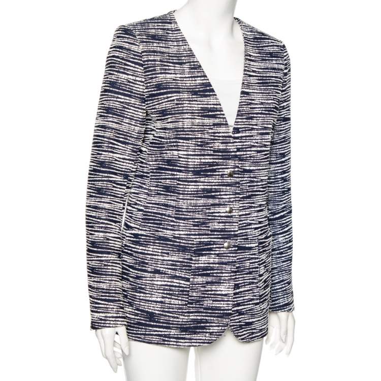 Pre Owned Louis Vuitton Navy Blue-White Textured Button Front Jacket L