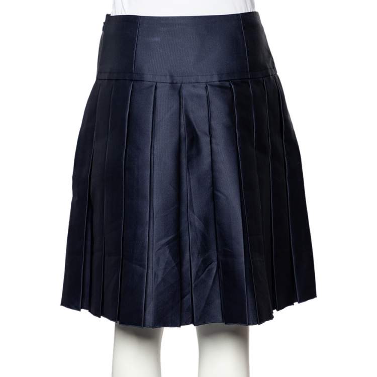 Pre Owned Louis Vuitton Navy Blue Silk Pleated Mini Skirt S