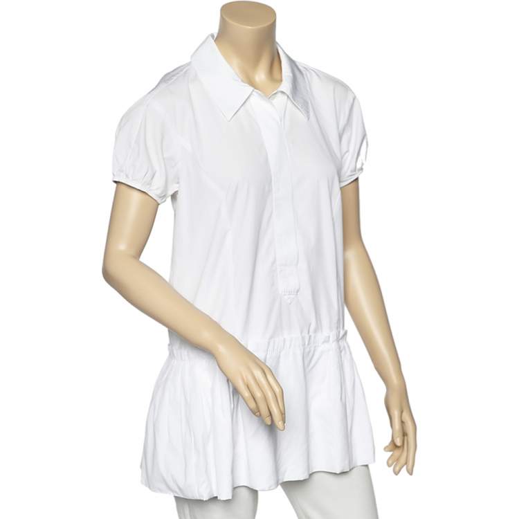 Pre Owned Louis Vuitton White Cotton Gathered Hem Detail Button Front Tunic M