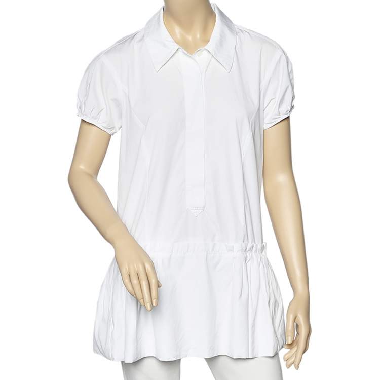 Pre Owned Louis Vuitton White Cotton Gathered Hem Detail Button Front Tunic M