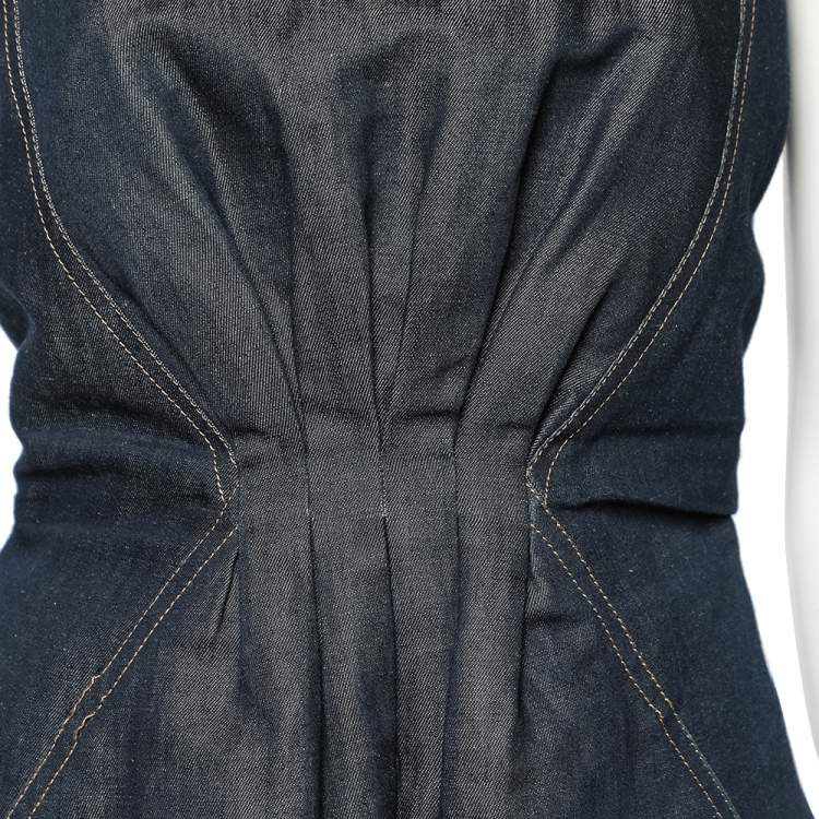 Pre Owned Louis Vuitton Blue Denim Ribbon Sleeve Detailed Gathered Short Dress M